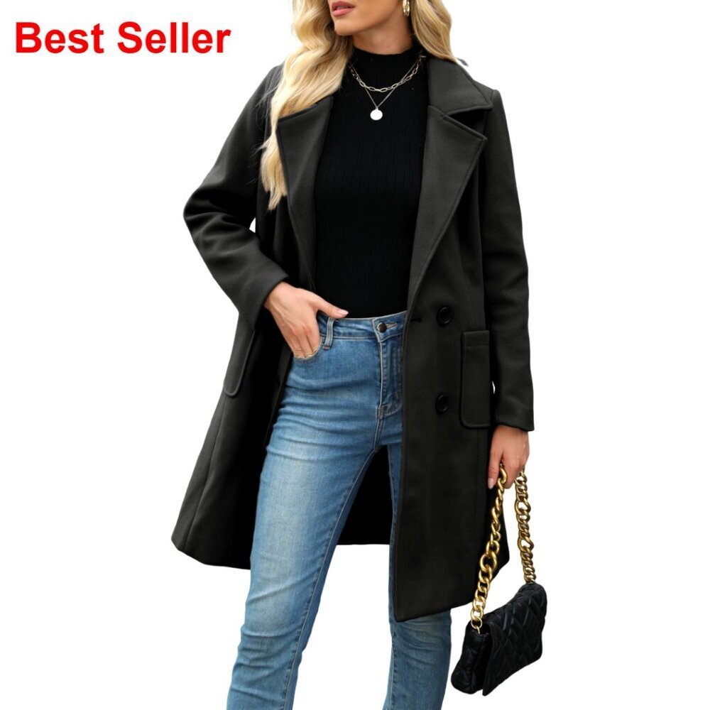 Wool Blend Pea Coat Double-Breasted Notch Lapel Winter Coat